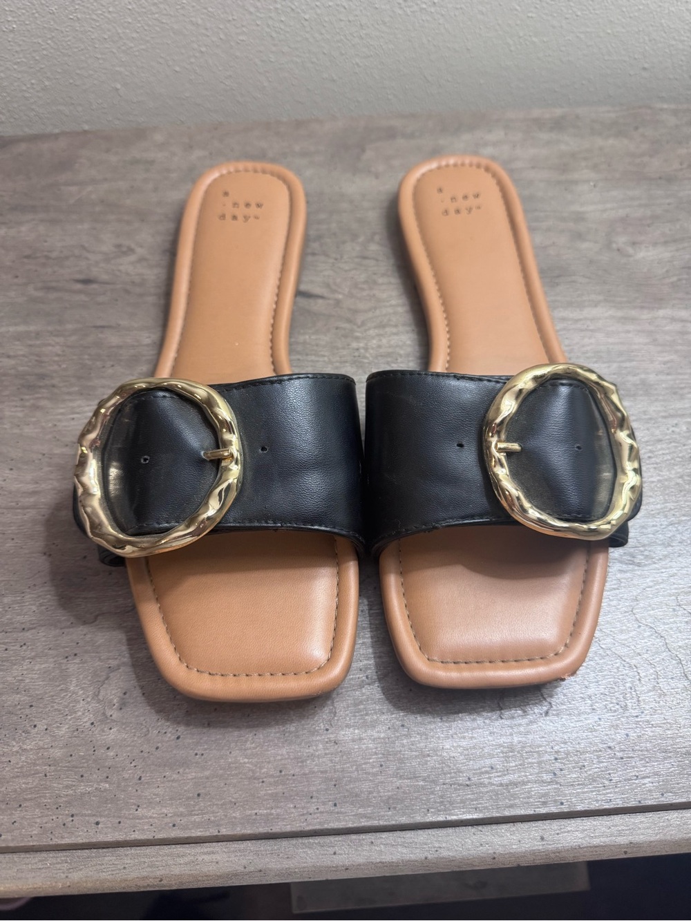 a new day Black Slide Sandals with Gold Buckle